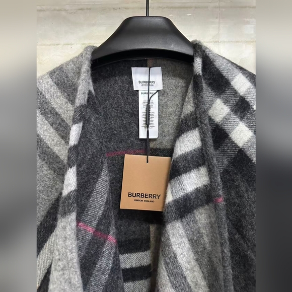 Burberry Contrast Check Wool Cashmere Jacquard Cape in Grey/Charcoal - Picture 3 of 13